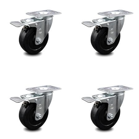 SERVICE CASTER 4 Inch Soft Rubber Swivel Top Plate Caster Set with Total Lock Brake SCC SCC-TTL20S414-SRS-4